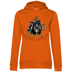 Orangener Damen-Hoodie mit einem stilvollen Jazz-Design. Das Motiv zeigt eine Gruppe von Musikern, die verschiedene Instrumente spielen, umgeben von Musiknoten. In der Mitte steht der Schriftzug "Jazz never dies" in goldener, geschwungener Schrift. Der Hoodie kombiniert eine kräftige Farbe mit einem eleganten musikalischen Thema.