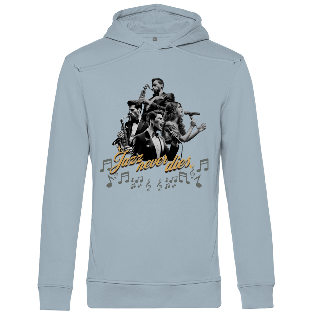 Ein hellblauer Hoodie mit einem lebendigen Jazz-Motiv. Das Design zeigt eine Gruppe von Musikern, die verschiedene Instrumente spielen, umgeben von musikalischen Noten. Der Schriftzug "Jazz never dies" ist in eleganter Schrift unterhalb der Musiker platziert. Das Design vermittelt eine nostalgische und künstlerische Atmosphäre, ideal für Jazzliebhaber.