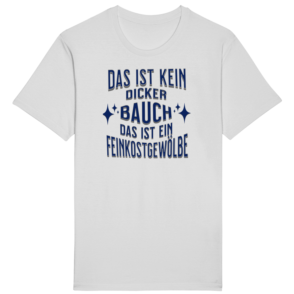 Weißes T-Shirt mit einem humorvollen Spruch: „Das ist kein dicker Bauch, das ist ein Feinkostgewölbe.“ Der Text ist in einer eleganten blauen Schrift gestaltet, begleitet von funkelnden Sternen, die das Design spielerisch abrunden. Ein perfektes Shirt für alle, die zu ihrem Bauch stehen und ihn mit einem Augenzwinkern als „Feinkostgewölbe“ feiern!