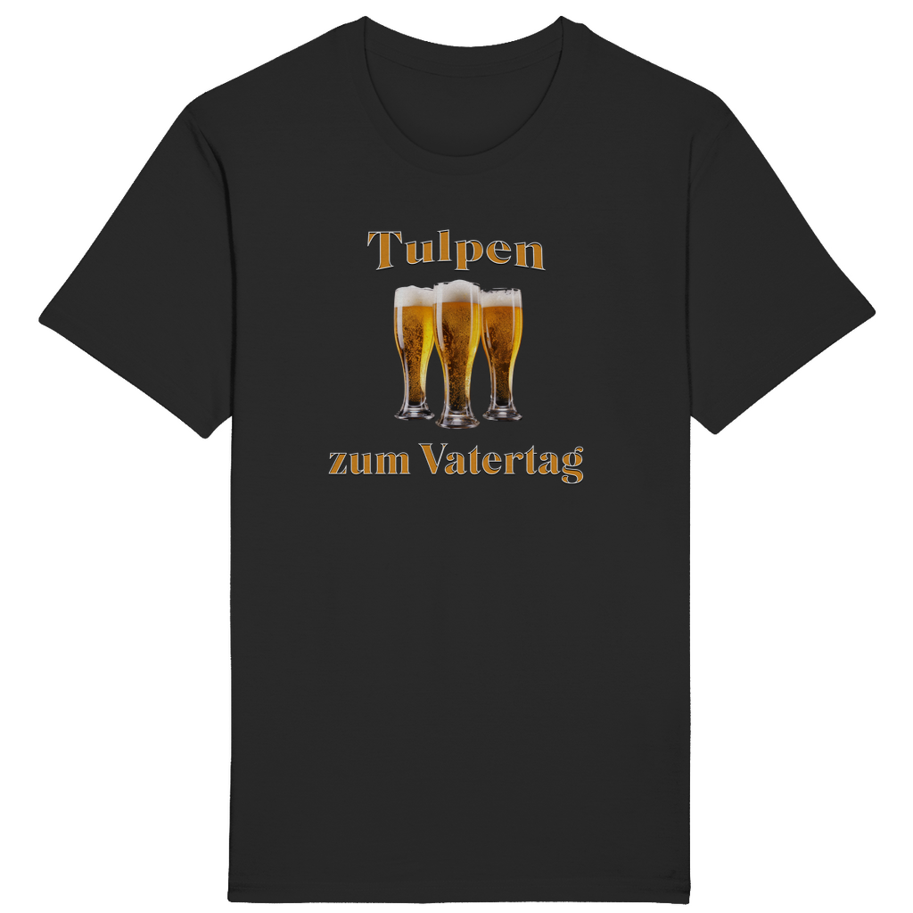 Schwarzes T-Shirt mit dem humorvollen Spruch „Tulpen zum Vatertag“ in orange-weißer Schrift. In der Mitte des Designs befinden sich drei gefüllte Biergläser, die als humorvolle Anspielung auf „Tulpen“ arrangiert sind.