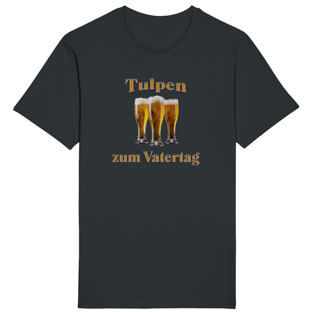 Dunkelgraues T-Shirt mit dem humorvollen Spruch „Tulpen zum Vatertag“ in orange-weißer Schrift. In der Mitte des Designs befinden sich drei gefüllte Biergläser, die als humorvolle Anspielung auf „Tulpen“ arrangiert sind.