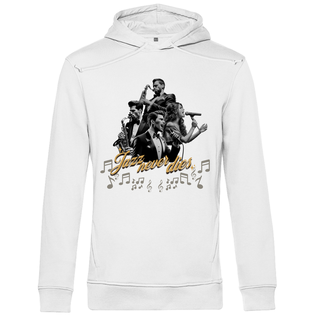 Ein weißer Hoodie mit einem lebendigen Jazz-Motiv. Das Design zeigt eine Gruppe von Musikern, die verschiedene Instrumente spielen, umgeben von musikalischen Noten. Der Schriftzug "Jazz never dies" ist in eleganter Schrift unterhalb der Musiker platziert. Das Design vermittelt eine nostalgische und künstlerische Atmosphäre, ideal für Jazzliebhaber.