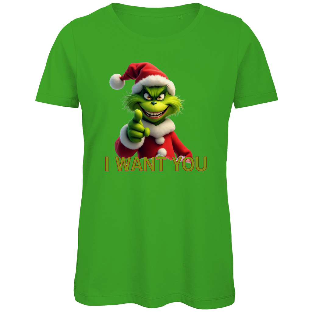 Ein grünes Damen T-Shirt mit einem humorvollen, weihnachtlichen Motiv. Auf der Vorderseite ist eine grüne, grinsende Figur in einem roten Weihnachtsmann-Anzug zu sehen, die direkt in die Kamera zeigt. Darunter steht in gelben Buchstaben mit roter Umrandung der Text "I WANT YOU". Das T-Shirt strahlt eine lustige, festliche Atmosphäre aus und ist perfekt für die Weihnachtszeit geeignet.