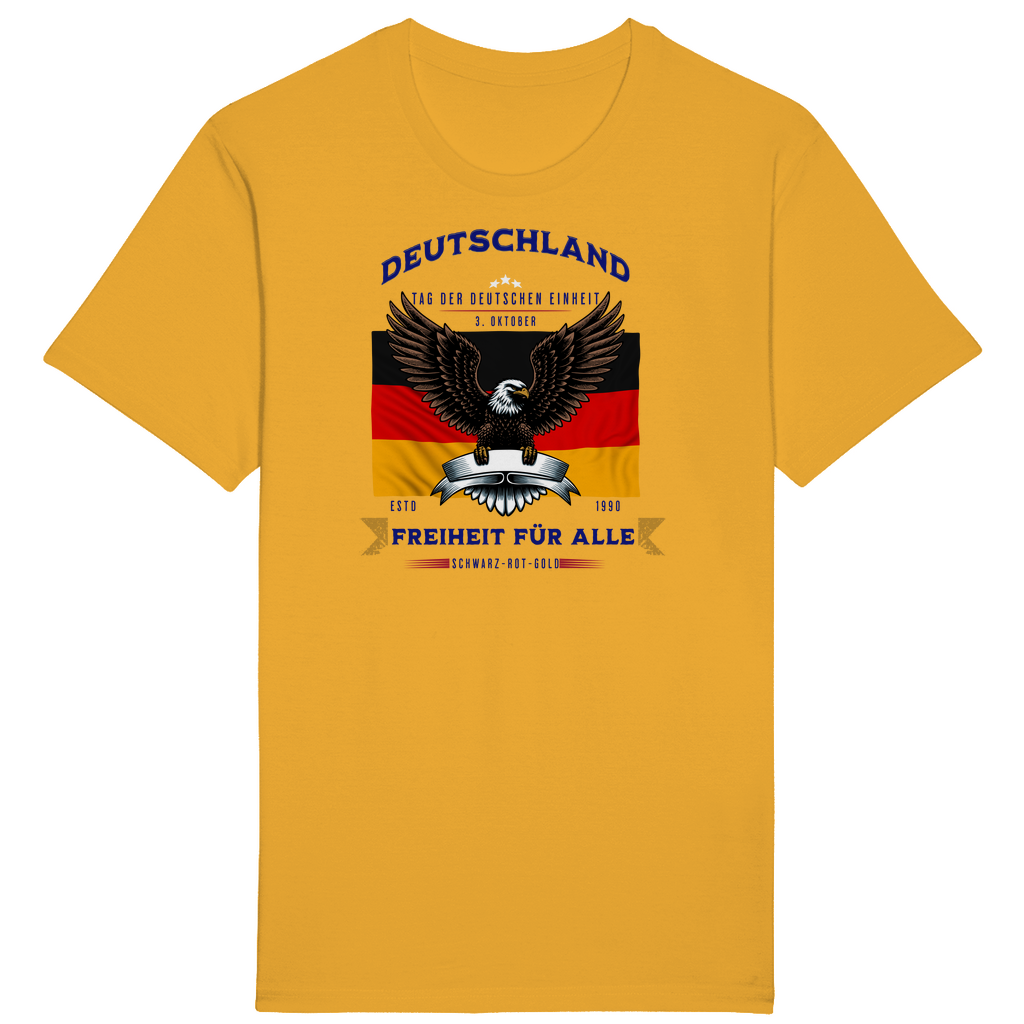 Gelbes T-Shirt mit patriotischem Design, das die deutsche Flagge und einen imposanten Adler zeigt. Der Schriftzug „Deutschland – Freiheit für alle“ und „Tag der Deutschen Einheit – 3. Oktober“ betont die Bedeutung der deutschen Einheit und Freiheit. Ein markantes Statement für alle, die Stolz und Zusammenhalt symbolisieren und an den Werten von Schwarz-Rot-Gold festhalten.