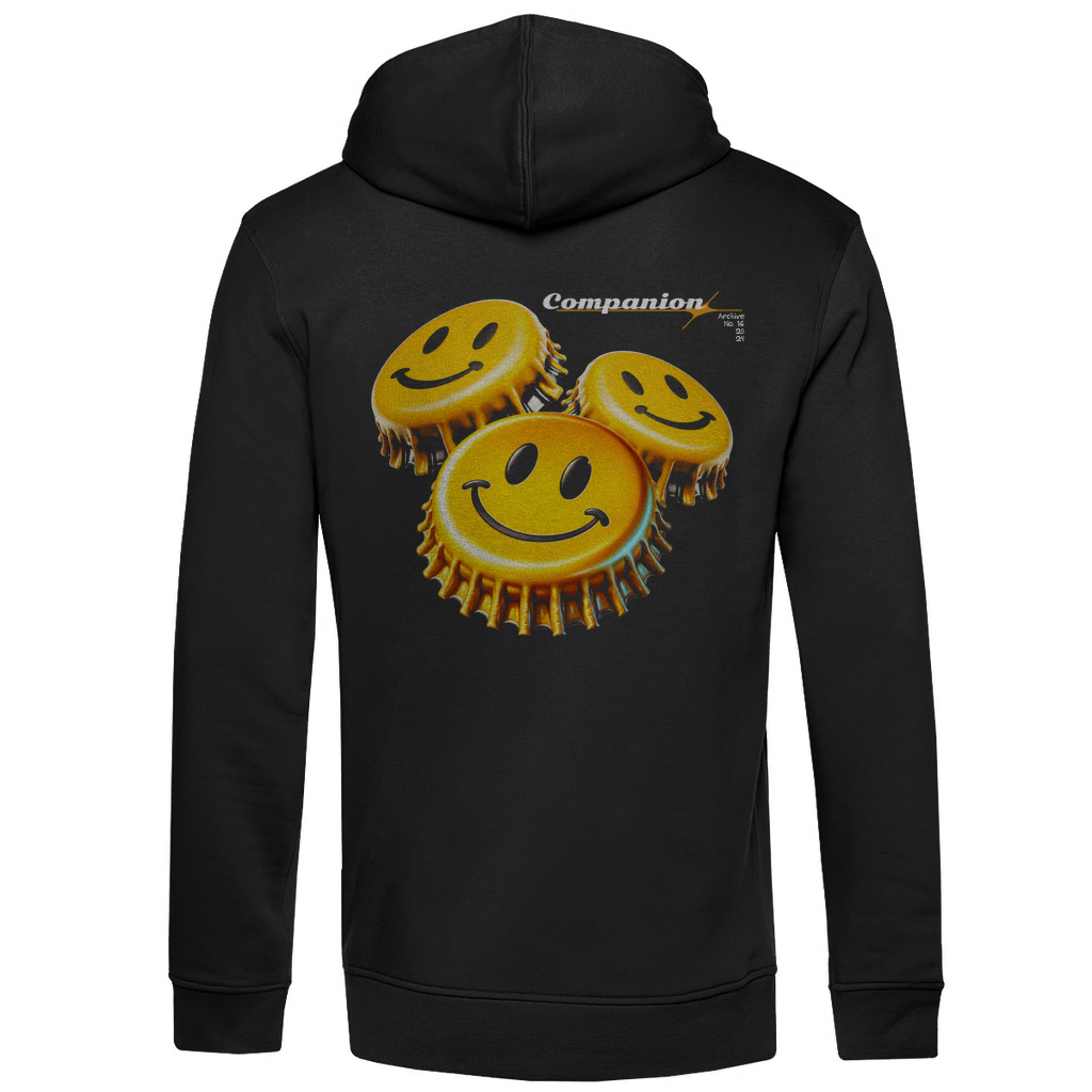 Schwarzes Hoodie mit gelben Smiley-Flaschendeckeln auf der Rückseite. Textilbekleidung mit einem Motiv aus drei übereinanderliegenden gelben Flaschendeckeln mit Smileys. Modisches Sweatshirt mit einem auffälligen Design aus fröhlichen Symbolen.