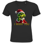 Ein schwarzes T-Shirt mit einem humorvollen, weihnachtlichen Grinch-Motiv. Auf der Vorderseite ist eine grüne Figur mit Weihnachtsmann-Mütze zu sehen, die in die Kamera zeigt. Darunter steht in roten Buchstaben mit grüner Umrandung der Text "I WANT YOU". Das T-Shirt verbreitet eine witzige, festliche Stimmung und eignet sich perfekt für die Weihnachtszeit.