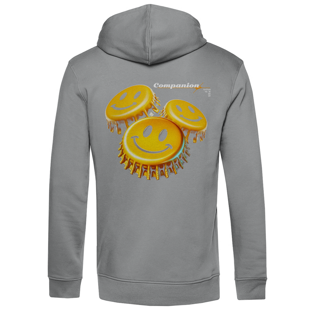 Hellgrauer Hoodie mit einem auffälligen Rückendesign aus drei Smiley-Gesichtern, die auf Kronkorken gedruckt sind. Oben rechts befindet sich der Schriftzug 'Companion' in stilisierter Schrift. Das Design vermittelt eine moderne, fröhliche Ästhetik und verleiht dem Hoodie einen einzigartigen Look.