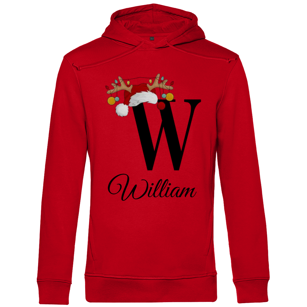 Ein roter Hoodie mit einem weihnachtlichen Design, das den Buchstaben „W“ in Schwarz zeigt. Der Buchstabe ist mit einem Weihnachtsmann-Hut und Rentiergeweihen verziert, an denen bunte Kugeln hängen. Unter dem Buchstaben steht der Name „William“ in eleganter, geschwungener Schrift. Der Hoodie strahlt eine festliche und persönliche Note aus, perfekt für die Weihnachtszeit.