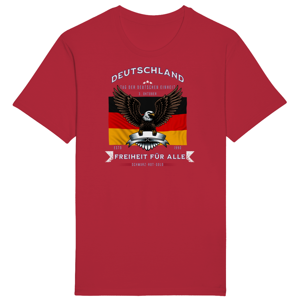 Rotes T-Shirt mit patriotischem Design, das die deutsche Flagge und einen imposanten Adler zeigt. Der Schriftzug „Deutschland – Freiheit für alle“ und „Tag der Deutschen Einheit – 3. Oktober“ betont die Bedeutung der deutschen Einheit und Freiheit. Ein markantes Statement für alle, die Stolz und Zusammenhalt symbolisieren und an den Werten von Schwarz-Rot-Gold festhalten.