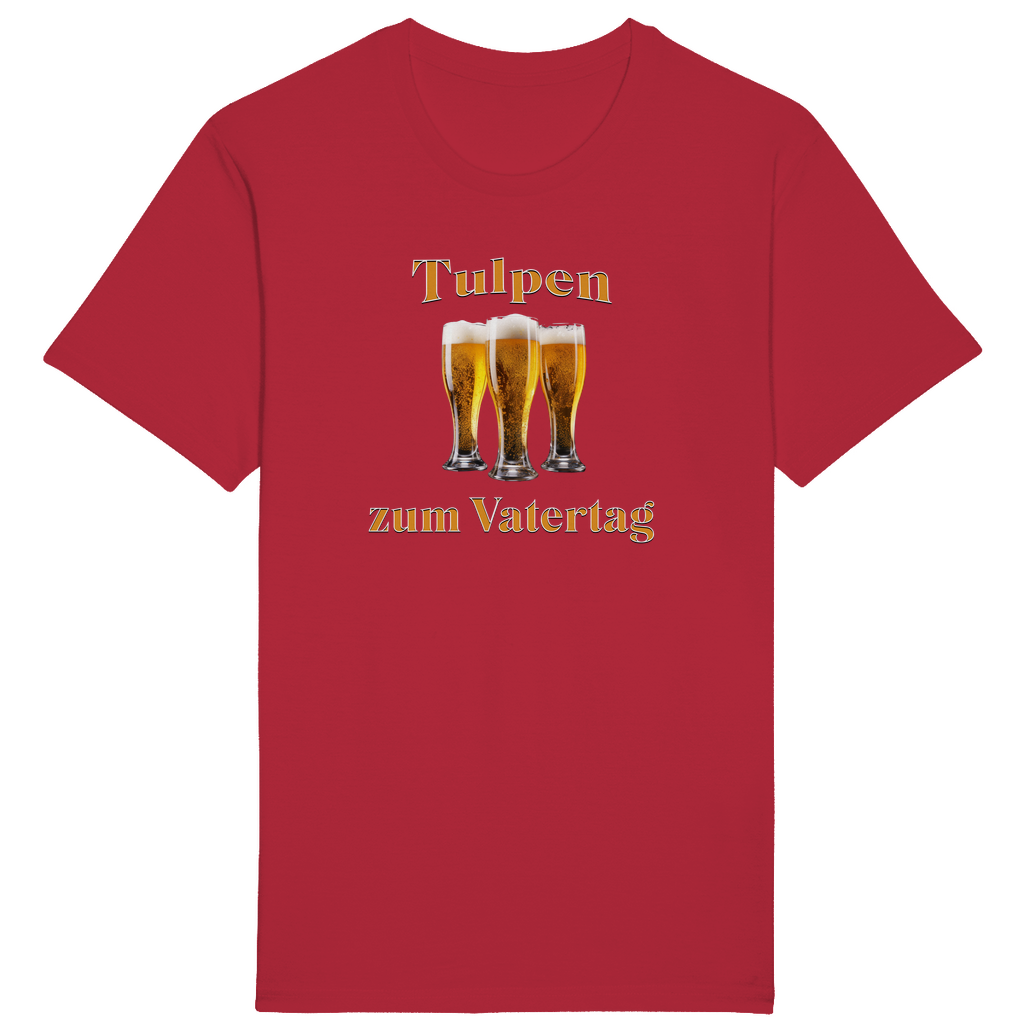 Rotes T-Shirt mit dem humorvollen Spruch „Tulpen zum Vatertag“ in orange-weißer Schrift. In der Mitte des Designs befinden sich drei gefüllte Biergläser, die als humorvolle Anspielung auf „Tulpen“ arrangiert sind.