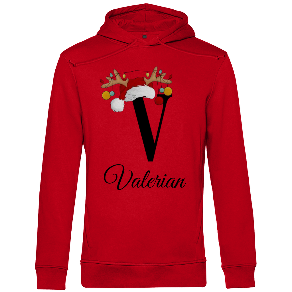 Ein roter Hoodie mit einem weihnachtlichen Design, das den Buchstaben „V“ in Schwarz zeigt. Der Buchstabe ist mit einem Weihnachtsmann-Hut und Rentiergeweihen verziert, an denen bunte Kugeln hängen. Unter dem Buchstaben steht der Name „Valerian“ in eleganter, geschwungener Schrift. Der Hoodie strahlt eine festliche und persönliche Note aus, perfekt für die Weihnachtszeit.