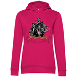 Pinker Damen-Hoodie mit einem stilvollen Jazz-Design. Das Motiv zeigt eine Gruppe von Musikern, die verschiedene Instrumente spielen, umgeben von Musiknoten. In der Mitte befindet sich der Schriftzug "Jazz never dies" in goldener, geschwungener Schrift. Der Hoodie verbindet kräftige Farben mit einem eleganten musikalischen Thema.

