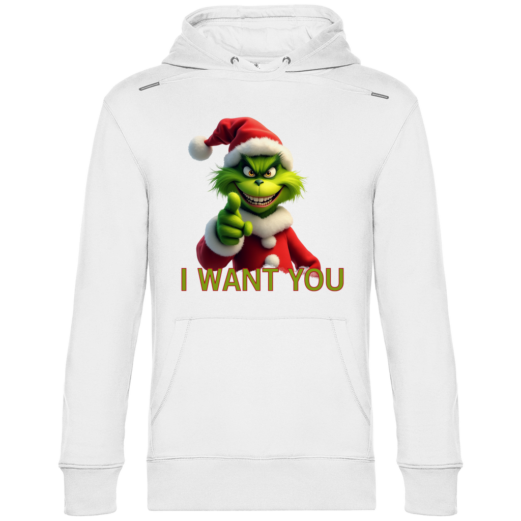 Ein weißer Hoodie mit einem humorvollen, weihnachtlichen Grinch-Motiv. Auf der Vorderseite ist eine grüne Figur mit Weihnachtsmann-Mütze zu sehen, die direkt in die Kamera zeigt. Darunter steht der Text "I WANT YOU" in roten Buchstaben mit grüner Umrandung. Der Hoodie strahlt eine witzige, festliche Atmosphäre aus und ist ideal für die Weihnachtszeit.