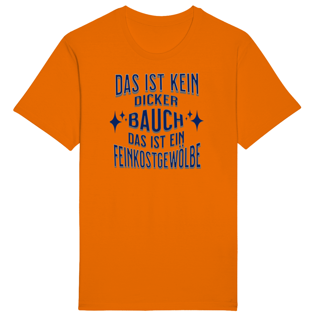 Oranges T-Shirt mit einem humorvollen Spruch: „Das ist kein dicker Bauch, das ist ein Feinkostgewölbe.“ Der Text ist in einer eleganten blauen Schrift gestaltet, begleitet von funkelnden Sternen, die das Design spielerisch abrunden. Ein perfektes Shirt für alle, die zu ihrem Bauch stehen und ihn mit einem Augenzwinkern als „Feinkostgewölbe“ feiern!