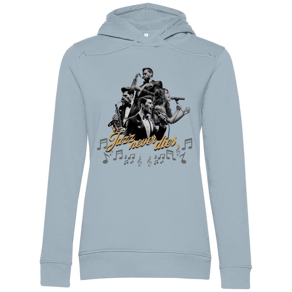 Hellblauer Damen-Hoodie mit einem stilvollen Jazz-Design. Das Motiv zeigt eine Gruppe von Musikern, die verschiedene Instrumente spielen, umgeben von Musiknoten. In der Mitte befindet sich der Schriftzug "Jazz never dies" in goldener Schrift. Der Hoodie vereint eine sanfte Farbgebung mit einem eleganten musikalischen Thema.