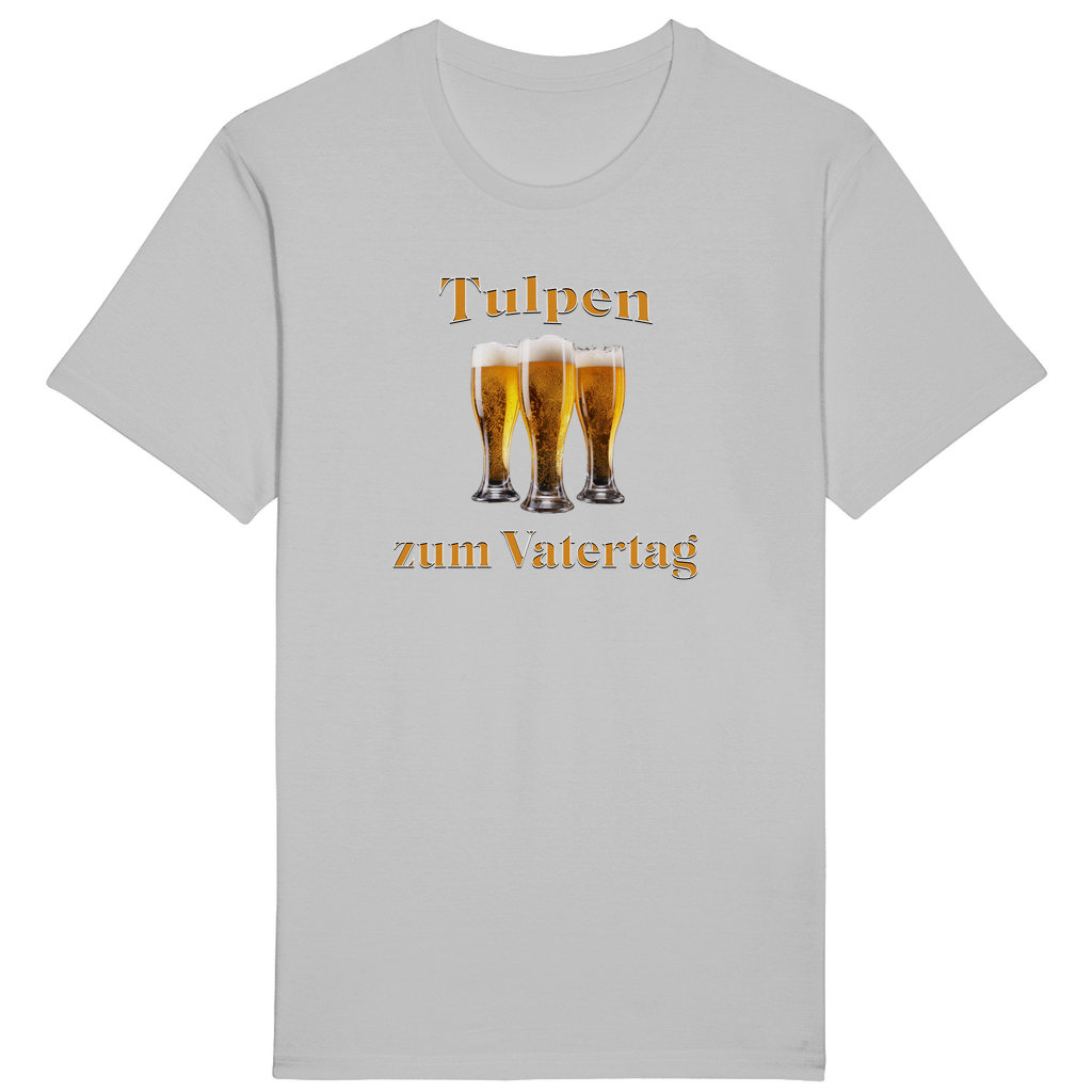 Hellgraues T-Shirt mit dem humorvollen Spruch „Tulpen zum Vatertag“ in orange-weißer Schrift. In der Mitte des Designs sind drei gefüllte Biergläser angeordnet, die auf humorvolle Weise an „Tulpen“ erinnern.