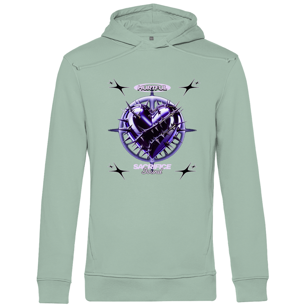 Ein hellgrüner Hoodie mit einem auffälligen Design in der Mitte. Das Motiv zeigt ein violettes Herz, umgeben von Dornen und stachelartigen Elementen. Über dem Herz steht der Schriftzug "Hurtful", darunter "Sacrifice Bound" in hellen Farben. Der Hoodie hat eine künstlerische und emotionale Ausstrahlung, ideal für einen individuellen Look.