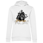 Weißer Damen-Hoodie mit einem stilvollen Jazz-Design. Das Motiv zeigt eine Gruppe von Musikern, die verschiedene Instrumente spielen, umgeben von Musiknoten. In der Mitte steht der Schriftzug "Jazz never dies" in goldener, geschwungener Schrift. Der Hoodie kombiniert eine klare, helle Farbe mit einem eleganten musikalischen Thema.