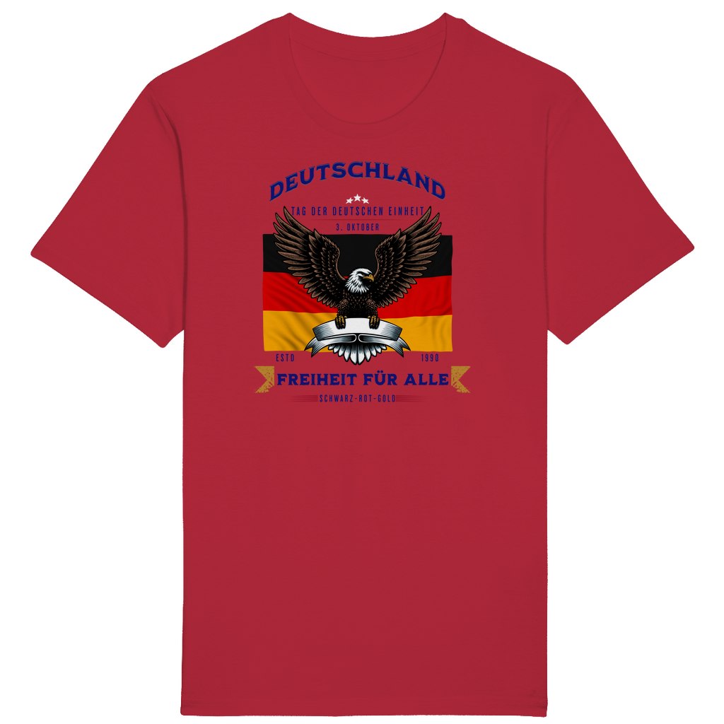 Rotes T-Shirt mit patriotischem Design, das die deutsche Flagge und einen imposanten Adler zeigt. Der Schriftzug „Deutschland – Freiheit für alle“ und „Tag der Deutschen Einheit – 3. Oktober“ betont die Bedeutung der deutschen Einheit und Freiheit. Ein markantes Statement für alle, die Stolz und Zusammenhalt symbolisieren und an den Werten von Schwarz-Rot-Gold festhalten.