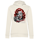 Cremefarbener Damen-Hoodie mit einem Vintage-inspirierten Design. Das Motiv zeigt eine Frau mit roten Locken, die eine Kaffeetasse hält und zwinkert. Der Text auf dem Hoodie lautet „None of my Business!“, darunter steht: „Your drama is really entertaining to someone else.“. Der Hoodie kombiniert Retro-Charme mit einem humorvollen, modernen Statement in sanfter Farbe.
