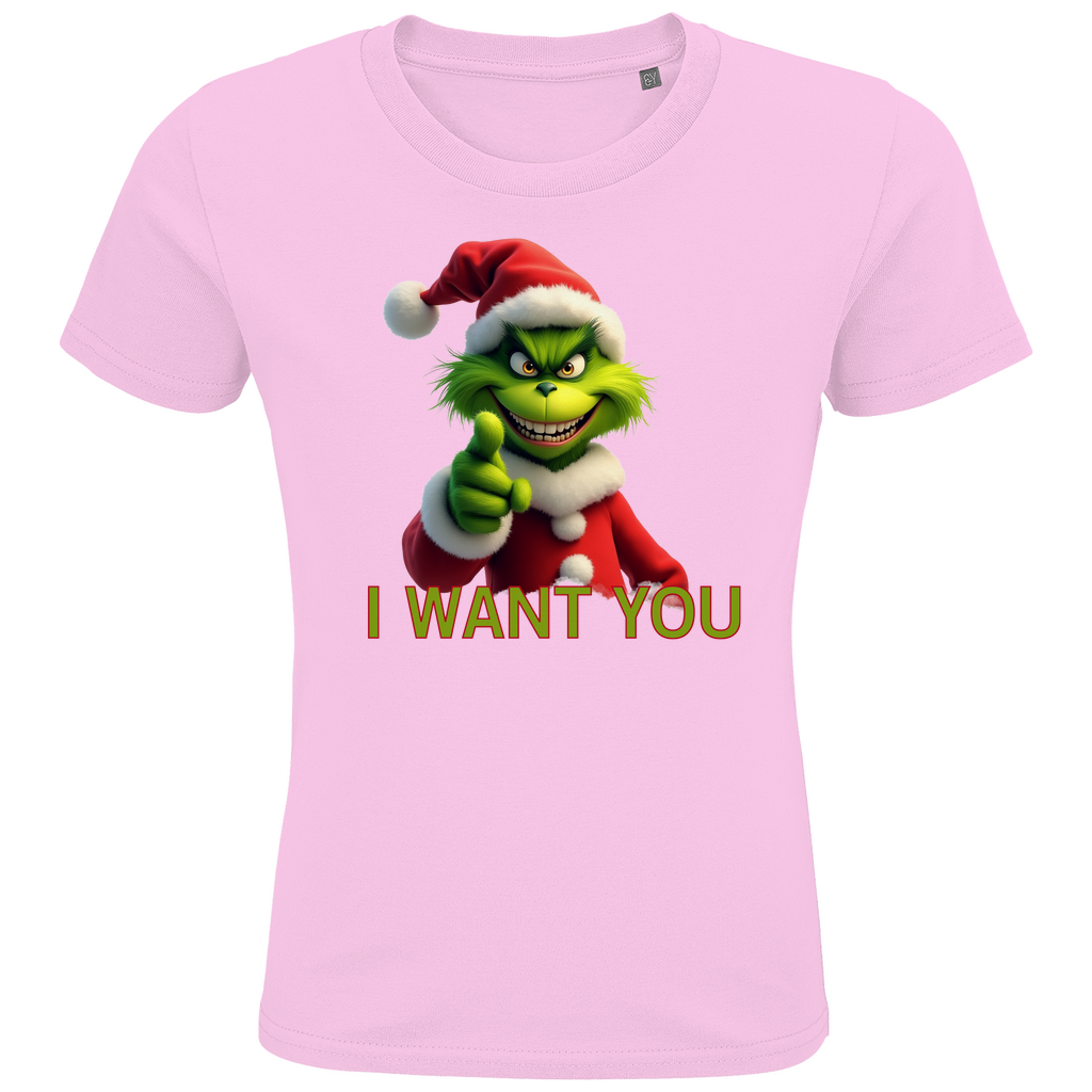 Ein rosa T-Shirt mit einem humorvollen, weihnachtlichen Grinch-Motiv. Auf der Vorderseite ist eine grüne Figur mit Weihnachtsmann-Mütze zu sehen, die in die Kamera zeigt. Darunter steht in roten Buchstaben mit grüner Umrandung der Text "I WANT YOU". Das T-Shirt verbreitet eine witzige, festliche Stimmung und eignet sich perfekt für die Weihnachtszeit.