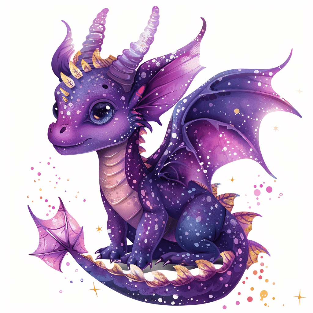 Ein niedlicher lila Drache mit großen, leuchtenden Augen und detaillierten, magisch anmutenden Merkmalen. Der Drache hat funkelnde, mit Sternen und Pünktchen verzierte Flügel und Schuppen, die einen märchenhaften Look verleihen. Seine Hörner sind ebenfalls verziert und in leichten Farbverläufen gehalten. Er sitzt in einer aufmerksamen Pose, umgeben von kleinen, schimmernden Details, die an glitzernden Feenstaub erinnern. Der Drache strahlt eine verspielte und magische Aura aus, perfekt als fantasievolles Mo