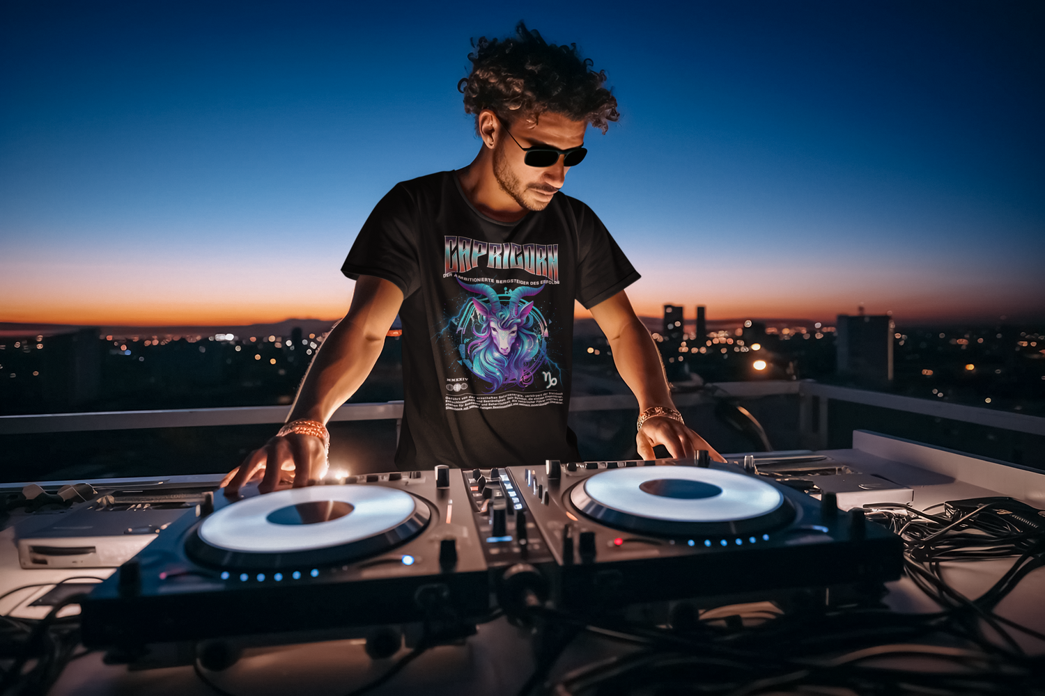 Ein DJ mit Sonnenbrille legt bei Sonnenuntergang auf einem Dach auf und trägt ein schwarzes T-Shirt mit einem astrologischen Steinbock-Design. Das Motiv zeigt einen stilisierten, leuchtenden Ziegenkopf in kräftigen Farben, mit dem Schriftzug 'Capricorn' und dem Slogan 'Der ambitionierte Bergsteiger des Erfolgs' darüber. Das Shirt ergänzt perfekt die atmosphärische Kulisse und ist ideal für Astrologie-Liebhaber.