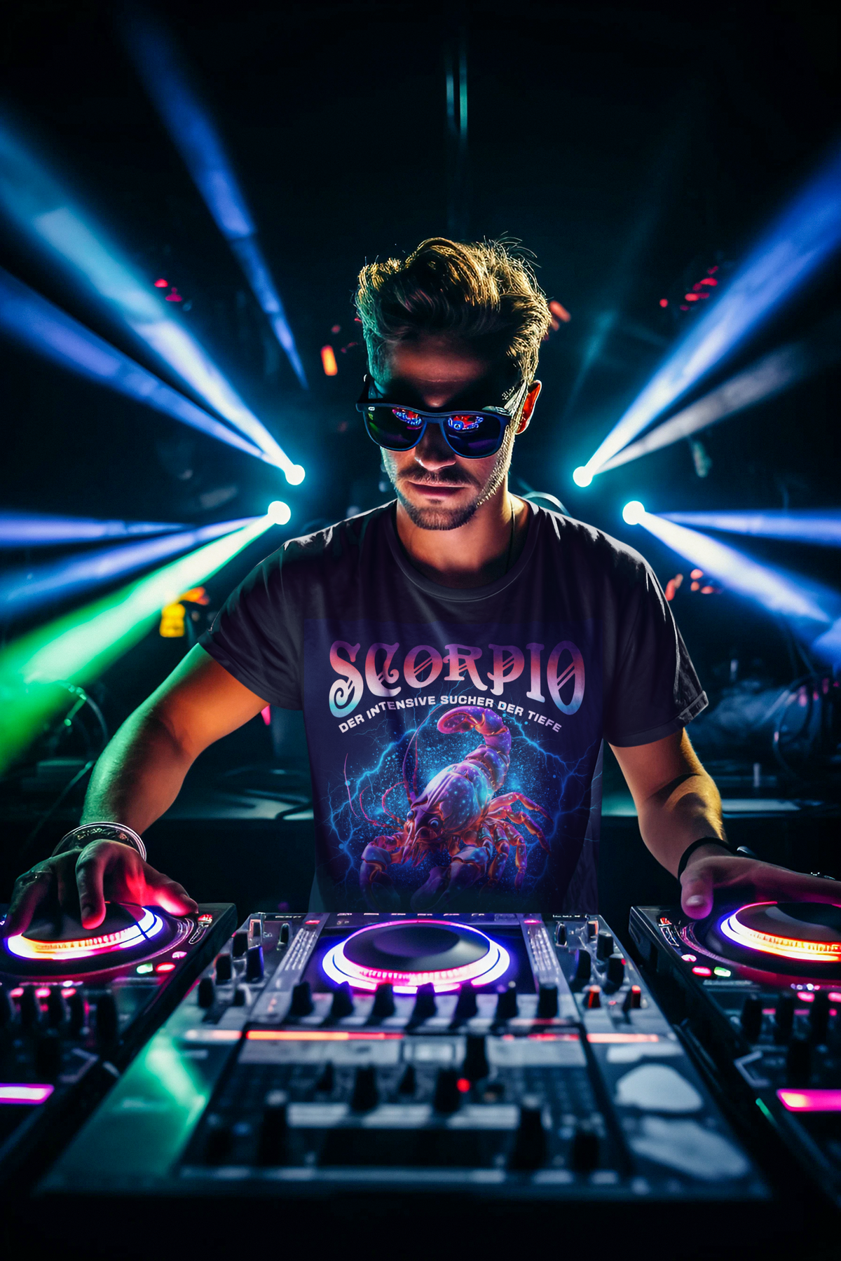 Ein DJ mit Sonnenbrille steht hinter einem Mischpult in einem Club, beleuchtet von bunten Scheinwerfern. Er trägt ein schwarzes T-Shirt mit einem astrologischen Skorpion-Design. Der Schriftzug 'Scorpio' und 'Der intensive Sucher der Tiefe' sind prominent zu sehen, begleitet von einem detaillierten Bild eines Skorpions in leuchtenden Farben. Das T-Shirt passt perfekt zur mystischen, energiegeladenen Atmosphäre des Clubs.