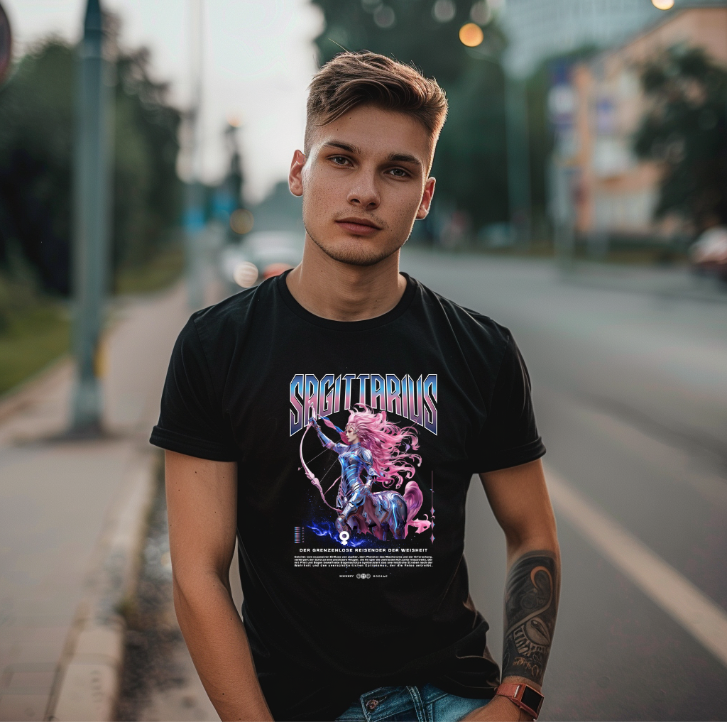 Ein junger Mann steht auf einer Straße und trägt ein schwarzes T-Shirt mit astrologischem Design für das Sternzeichen Schütze. Das Motiv zeigt eine stilisierte Figur eines Zentauren mit einem Bogen, in lebendigen Farben und dynamischer Pose. Über dem Bild steht 'Sagittarius', darunter der Slogan 'Der grenzenlose Reisende der Weisheit' sowie eine kurze Beschreibung der Schütze-Eigenschaften. Ideal für Schütze-Geborene und Astrologie-Fans.