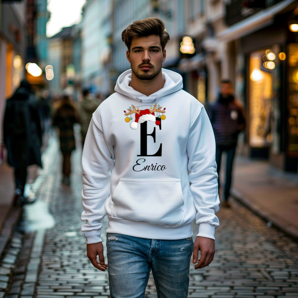 Ein weißer Hoodie mit einem festlichen Design: Der schwarze Buchstabe „E“ ist mit einer Weihnachtsmütze und Rentiergeweihen verziert, an denen bunte Kugeln hängen. Darunter steht der personalisierte Name „Enrico“ in eleganter Schrift.