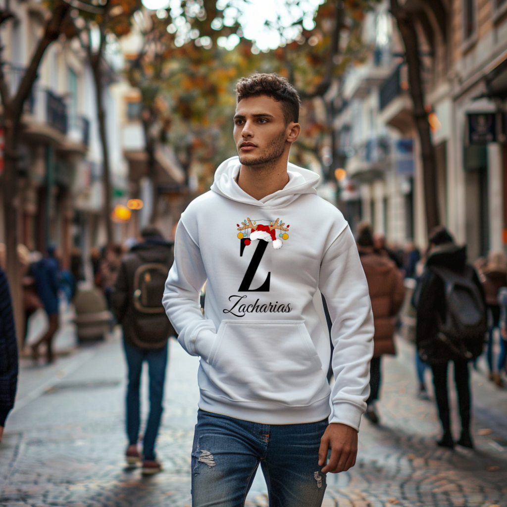 Ein weißer Hoodie mit einem weihnachtlichen „Z“-Design in Schwarz, verziert mit einem Weihnachtsmann-Hut und Rentiergeweihen, an denen bunte Kugeln hängen. Unter dem Buchstaben steht der Name „Zacharias“ in eleganter, geschwungener Schrift. Der Hoodie strahlt eine festliche und personalisierte Atmosphäre aus, perfekt für die Weihnachtszeit. Der Träger läuft durch eine städtische Straße mit herbstlicher Kulisse, die eine warme und gemütliche Stimmung erzeugt.