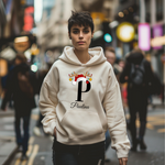 Auf dem Bild ist eine junge Frau zu sehen, die einen weißen Hoodie trägt. Auf dem Hoodie ist ein festliches Design mit einem großen schwarzen Buchstaben sowie der Namen „Paulina“ passend zum Buchstaben, in eleganter Schrift gedruckt. Über dem Buchstaben sind ein Rentiergeweih, ein Weihnachtsmann-Hut und bunte Kugeln als weihnachtliche Dekoration angebracht. Die Frau steht in einer belebten, unscharf abgebildeten Stadtstraße mit Lichtern und Menschen im Hintergrund, mit einer winterlichen, Atmosphäre. 