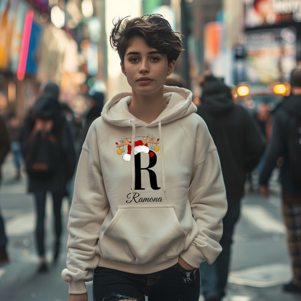 Auf dem Bild ist eine junge Frau zu sehen, die einen weißen Hoodie trägt. Auf dem Hoodie ist ein festliches Design mit einem großen schwarzen Buchstaben sowie der Namen „Ramona“ passend zum Buchstaben, in eleganter Schrift gedruckt. Über dem Buchstaben sind ein Rentiergeweih, ein Weihnachtsmann-Hut und bunte Kugeln als weihnachtliche Dekoration angebracht. Die Frau steht in einer belebten, unscharf abgebildeten Stadtstraße mit Lichtern und Menschen im Hintergrund, mit einer winterlichen, Atmosphäre. 