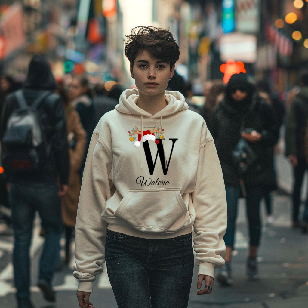 Auf dem Bild ist eine junge Frau zu sehen, die einen weißen Hoodie trägt. Auf dem Hoodie ist ein festliches Design mit einem großen schwarzen Buchstaben sowie der Namen „Waleria“ passend zum Buchstaben, in eleganter Schrift gedruckt. Über dem Buchstaben sind ein Rentiergeweih, ein Weihnachtsmann-Hut und bunte Kugeln als weihnachtliche Dekoration angebracht. Die Frau steht in einer belebten, unscharf abgebildeten Stadtstraße mit Lichtern und Menschen im Hintergrund, mit einer winterlichen, Atmosphäre. 