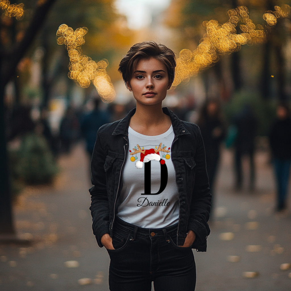 Ein weißes T-Shirt mit einem weihnachtlichen Design, das den Buchstaben 'D' zeigt. Der Buchstabe ist in schwarz gehalten und mit einem Weihnachtsmann-Hut sowie Rentiergeweihen verziert, an denen bunte Kugeln hängen. Unter dem Buchstaben ist der personalisierte Name 'Danielle' in eleganter, geschwungener Schrift zu sehen. Das T-Shirt vermittelt eine festliche und personalisierte Stimmung und eignet sich ideal für die Weihnachtszeit.