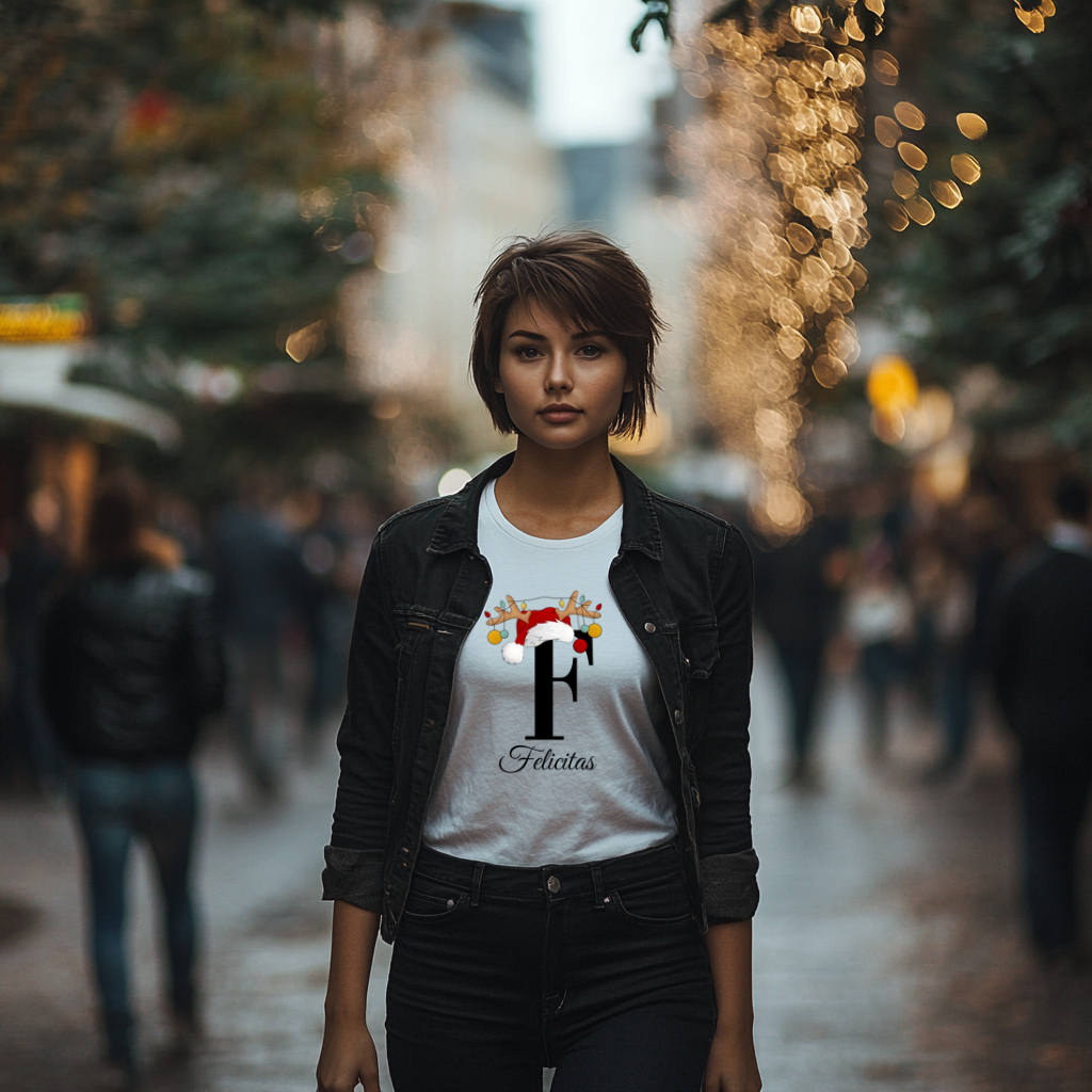 Ein weißes T-Shirt mit einem festlichen Design des Buchstabens 'F' in schwarzer Schrift. Der Buchstabe ist mit einem Weihnachtsmann-Hut und Rentiergeweihen verziert, an denen bunte Kugeln hängen. Darunter steht der Name 'Felicitas' in eleganter, geschwungener Schrift. Dieses T-Shirt bringt eine weihnachtliche, personalisierte Atmosphäre und passt ideal zur Advents- und Weihnachtszeit.