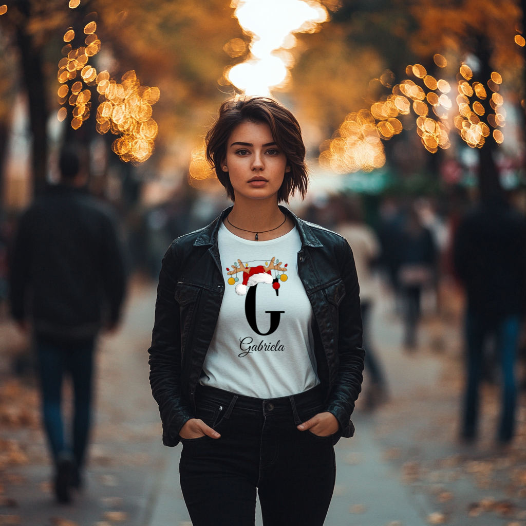 Ein weißes T-Shirt mit einem weihnachtlichen Design des Buchstabens 'G' in schwarzer Schrift. Der Buchstabe ist mit einem Weihnachtsmann-Hut und Rentiergeweihen verziert, an denen bunte Kugeln hängen. Darunter ist der Name 'Gabriela' in eleganter, geschwungener Schrift zu sehen. Dieses T-Shirt strahlt eine festliche und persönliche Stimmung aus und eignet sich perfekt für die Advents- und Weihnachtszeit.