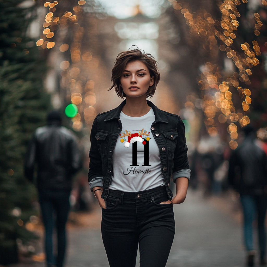 Ein weißes T-Shirt mit dem Buchstaben 'H' in Schwarz, dekoriert mit einem Weihnachtsmann-Hut und Rentiergeweihen, an denen bunte Kugeln hängen. Darunter steht der Name 'Henriette' in eleganter, geschwungener Schrift. Das T-Shirt strahlt eine weihnachtliche und personalisierte Stimmung aus und ist perfekt für die Advents- und Weihnachtszeit geeignet.