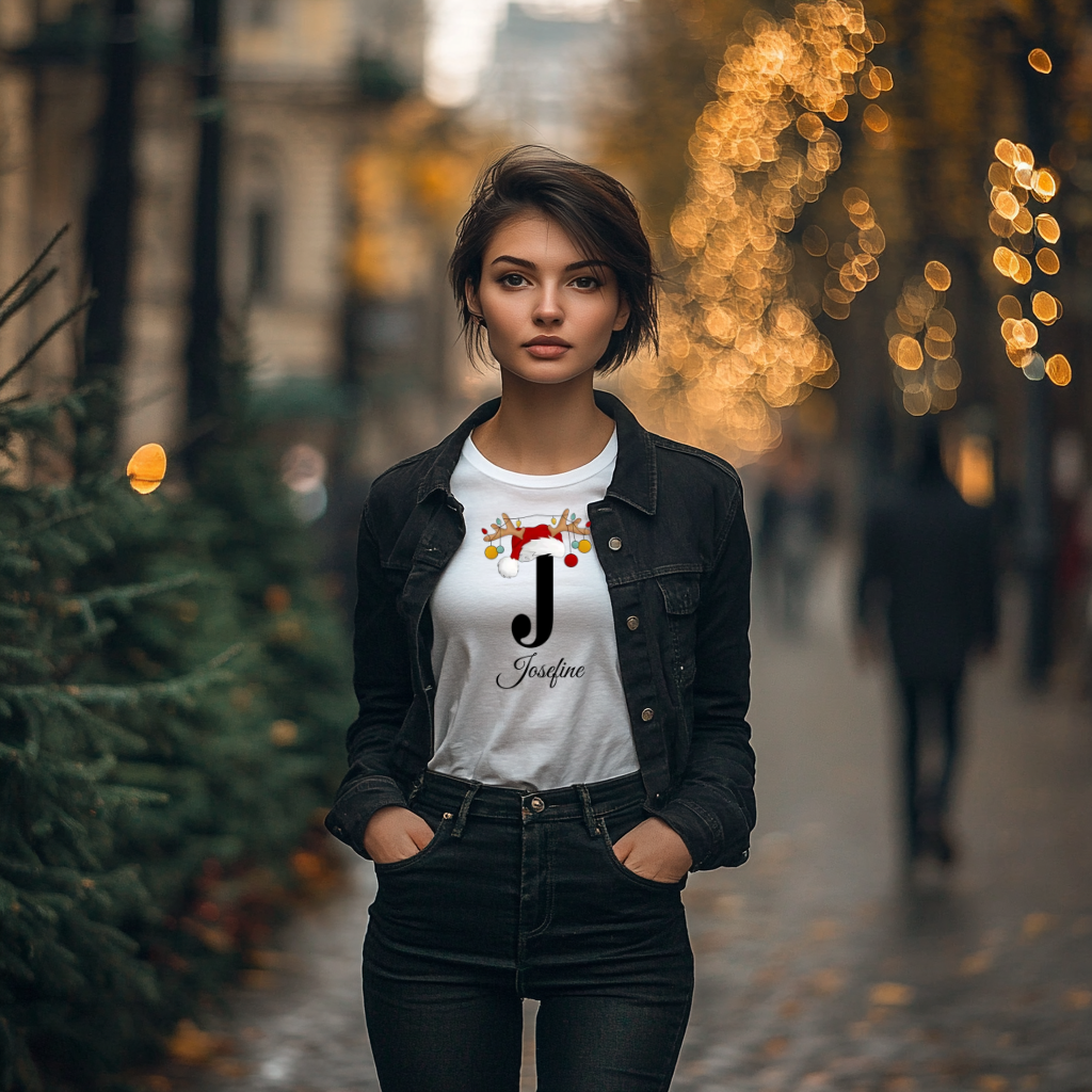 Ein weißes T-Shirt mit einem festlichen Design, das den Buchstaben 'J' zeigt. Der Buchstabe ist in Schwarz gehalten und mit einem Weihnachtsmann-Hut sowie Rentiergeweihen verziert, an denen bunte Kugeln hängen. Unter dem Buchstaben ist der Name 'Josfine' in eleganter Schrift zu sehen. Das Bild zeigt eine Frau, die das T-Shirt trägt und in einer herbstlichen, festlich beleuchteten Umgebung steht.