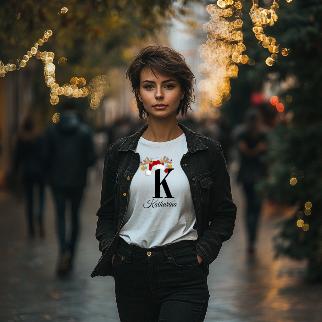 Ein weißes T-Shirt mit einem weihnachtlichen Design, das den Buchstaben 'K' zeigt. Der Buchstabe ist in Schwarz gestaltet und mit einem Weihnachtsmann-Hut sowie Rentiergeweihen verziert, an denen bunte Kugeln hängen. Darunter steht der Name 'Katharina' in eleganter, geschwungener Schrift. Das T-Shirt strahlt eine festliche, personalisierte Atmosphäre aus.