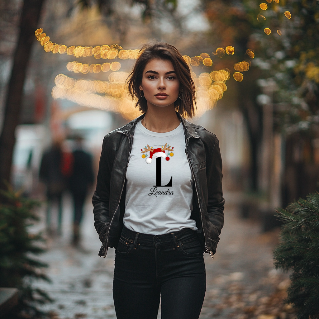 Ein weißes T-Shirt mit einem weihnachtlichen Design, das den Buchstaben 'L' zeigt. Der Buchstabe ist in Schwarz gehalten und mit einem Weihnachtsmann-Hut und Rentiergeweihen dekoriert, an denen bunte Kugeln hängen. Unter dem Buchstaben steht der Name 'Leandra' in eleganter, geschwungener Schrift.