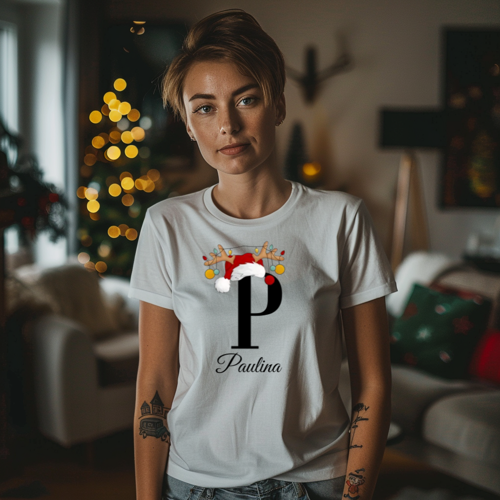 Ein weißes T-Shirt, auf dem der Buchstabe 'P' in schwarzer Farbe zu sehen ist. Der Buchstabe ist mit einem Weihnachtsmann-Hut und Rentiergeweihen geschmückt, die mit bunten Kugeln verziert sind. Unter dem Buchstaben steht der Name 'Paulina' in eleganter, geschwungener Schrift.