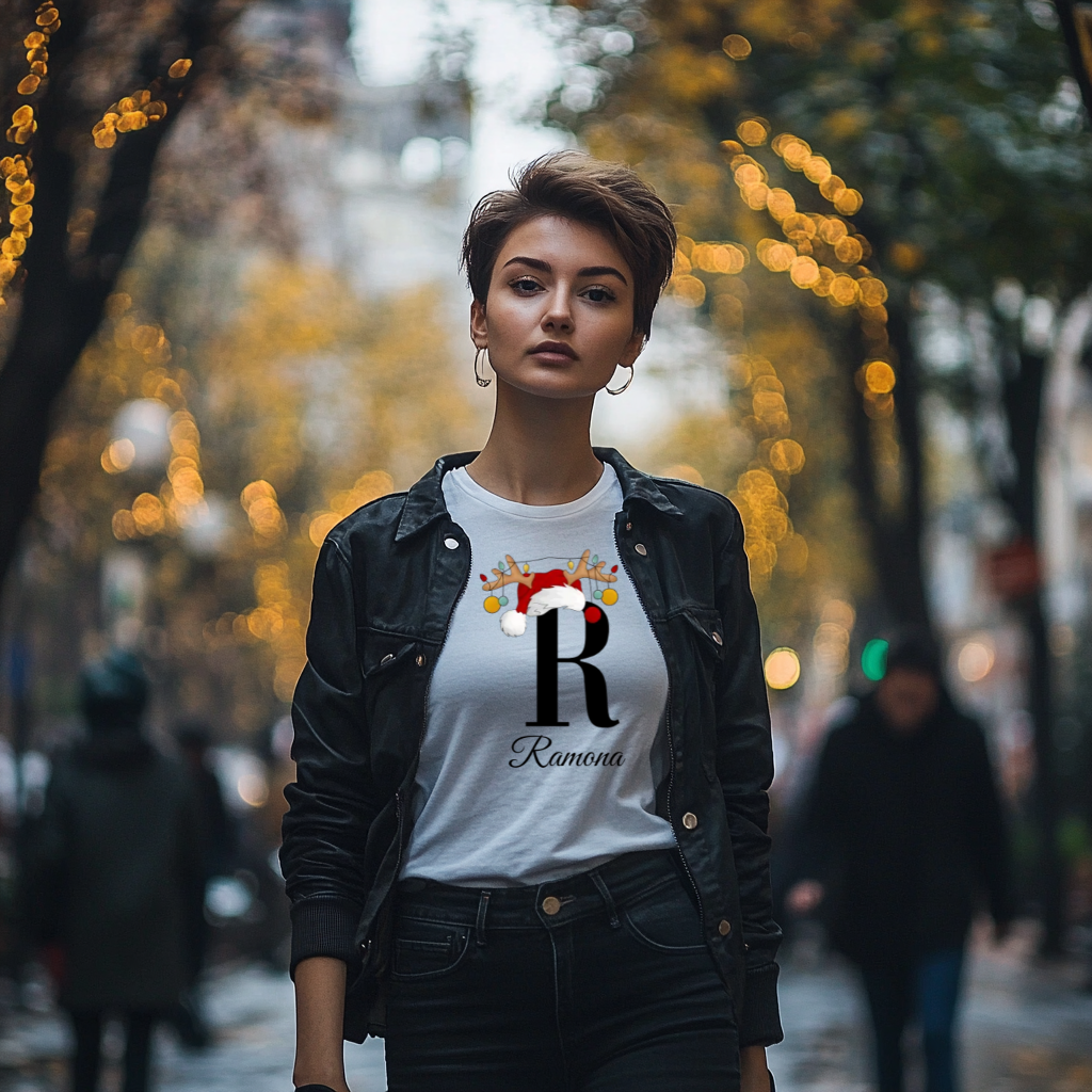 Ein weißes T-Shirt mit einem großen, schwarzen Buchstaben 'R' in der Mitte. Über dem Buchstaben ist ein Weihnachtsmann-Hut mit Rentiergeweihen, an denen bunte Kugeln hängen. Unter dem Buchstaben steht der Name 'Ramona' in einer eleganten, geschwungenen Schrift.