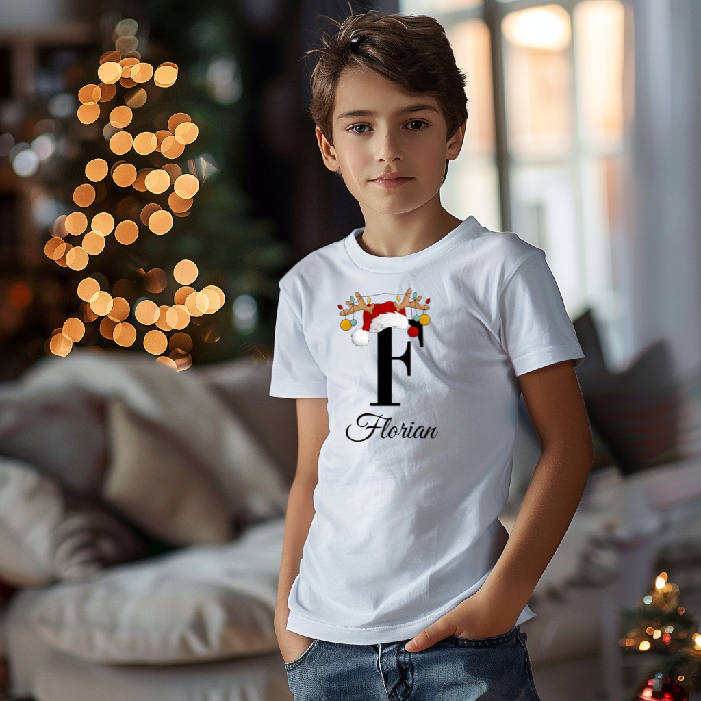 Ein Junge trägt ein weißes T-Shirt mit einem personalisierten Weihnachtsdesign. Der Buchstabe ‚F‘ ist groß auf der Brust zu sehen, verziert mit einem Weihnachtsmann-Hut und Rentiergeweihen, an denen bunte Kugeln hängen. Darunter steht der Name ‚Florian‘ in eleganter, geschwungener Schrift. Im Hintergrund sorgt eine weihnachtliche Dekoration mit Lichtern für eine festliche Atmosphäre.