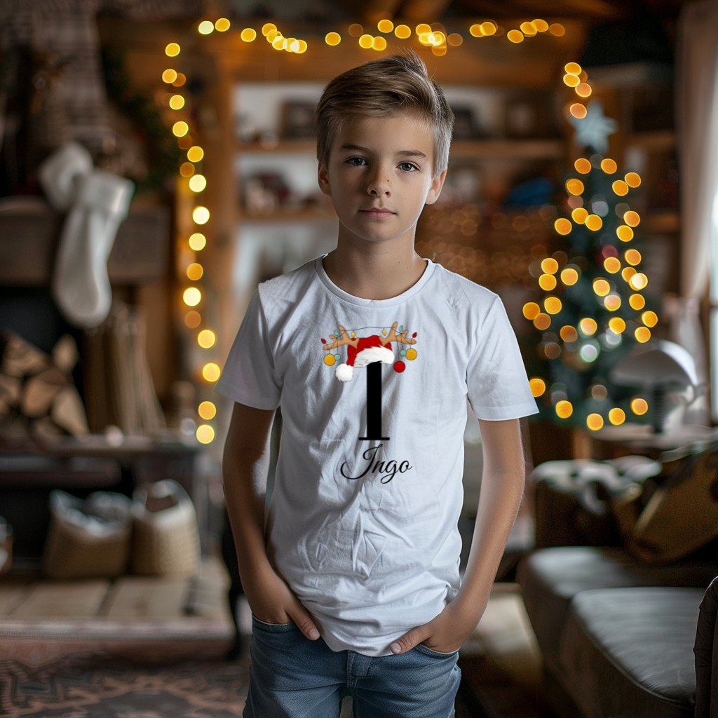 Ein Junge trägt ein weißes T-Shirt mit einem personalisierten Weihnachtsdesign. Der Buchstabe ‚I‘ ist groß auf der Brust zu sehen, verziert mit einem Weihnachtsmann-Hut und Rentiergeweihen, an denen bunte Kugeln hängen. Darunter steht der Name ‚Ingo‘ in eleganter, geschwungener Schrift. Im Hintergrund sorgt eine weihnachtliche Dekoration mit Lichtern für eine festliche Atmosphäre.