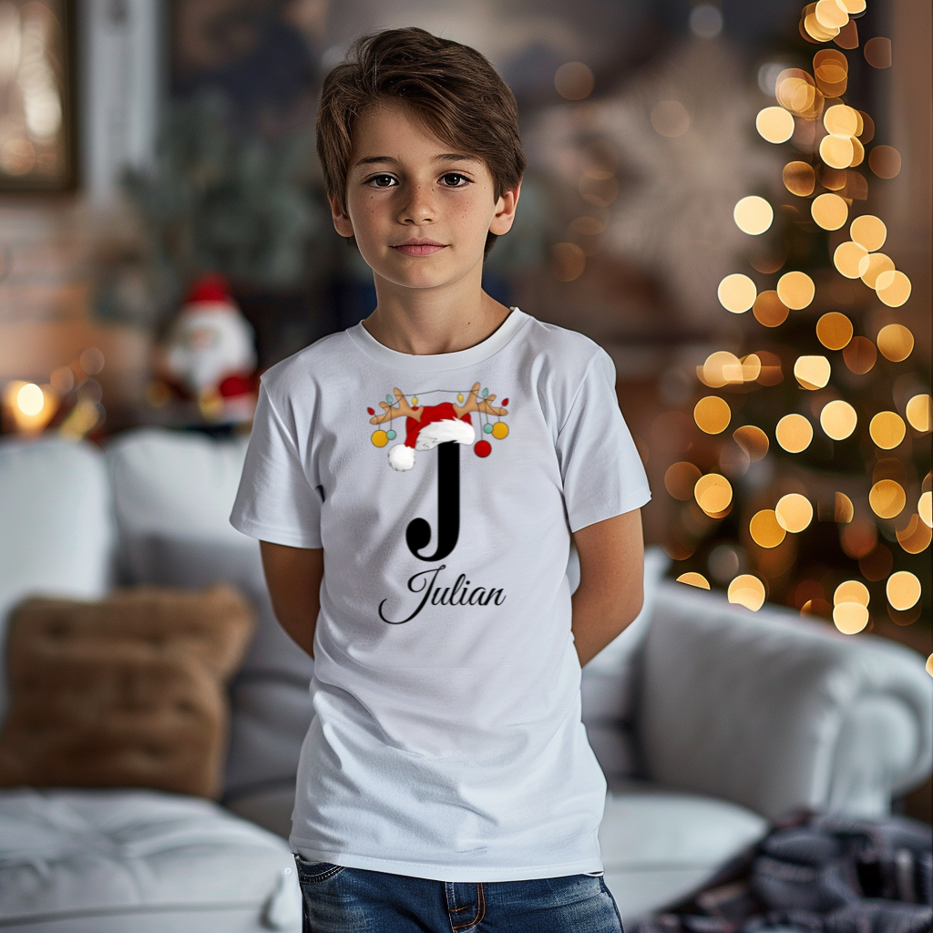 Ein Junge trägt ein weißes T-Shirt mit einem personalisierten Weihnachtsdesign. Der Buchstabe ‚J‘ ist groß auf der Brust zu sehen, verziert mit einem Weihnachtsmann-Hut und Rentiergeweihen, an denen bunte Kugeln hängen. Darunter steht der Name ‚Julian‘ in eleganter, geschwungener Schrift. Im Hintergrund sorgt eine weihnachtliche Dekoration mit Lichtern für eine festliche Atmosphäre.