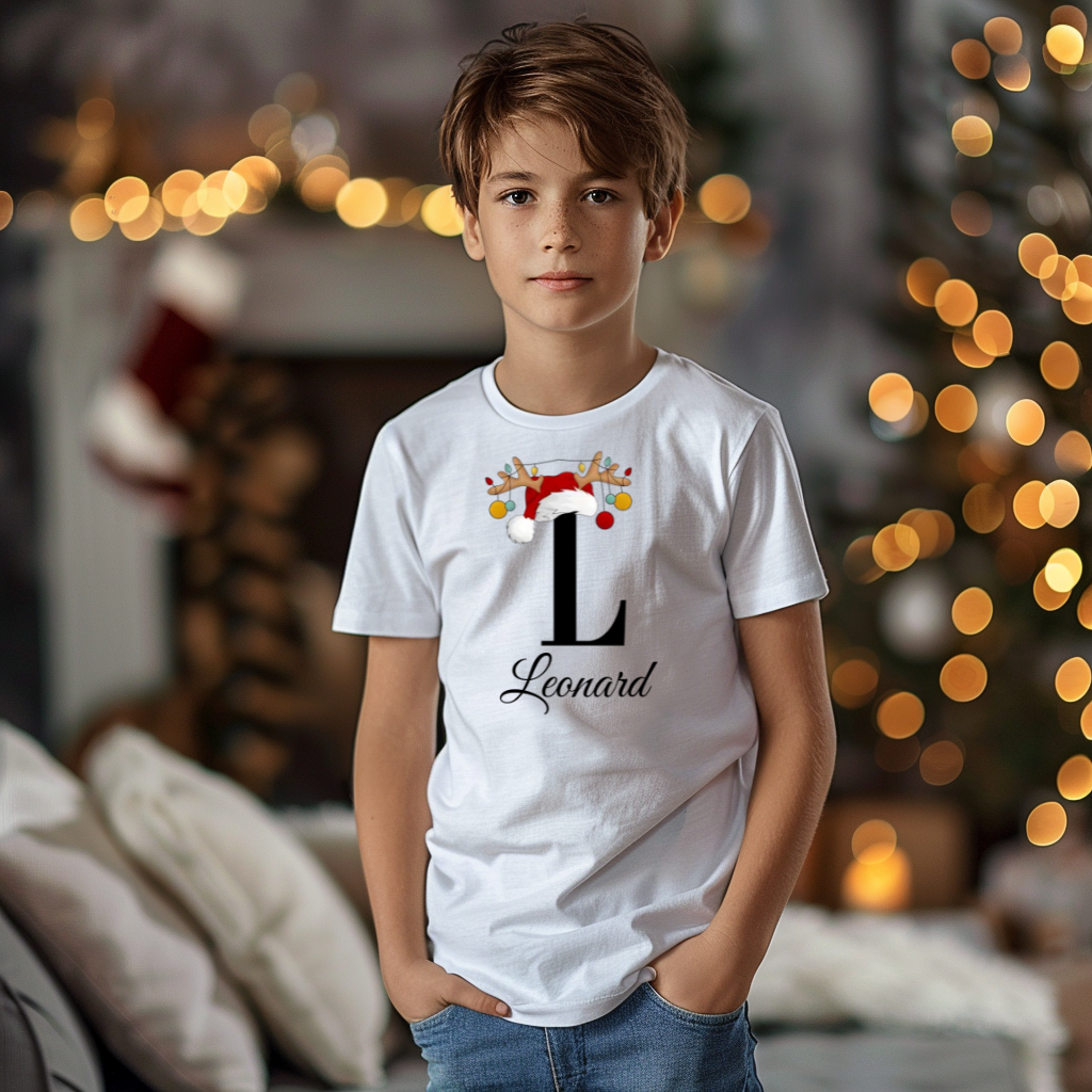 Ein Junge trägt ein weißes T-Shirt mit einem personalisierten Weihnachtsdesign. Der Buchstabe ‚L‘ ist groß auf der Brust zu sehen, verziert mit einem Weihnachtsmann-Hut und Rentiergeweihen, an denen bunte Kugeln hängen. Darunter steht der Name ‚Leonard‘ in eleganter, geschwungener Schrift. Im Hintergrund sorgt eine weihnachtliche Dekoration mit Lichtern für eine festliche Atmosphäre.