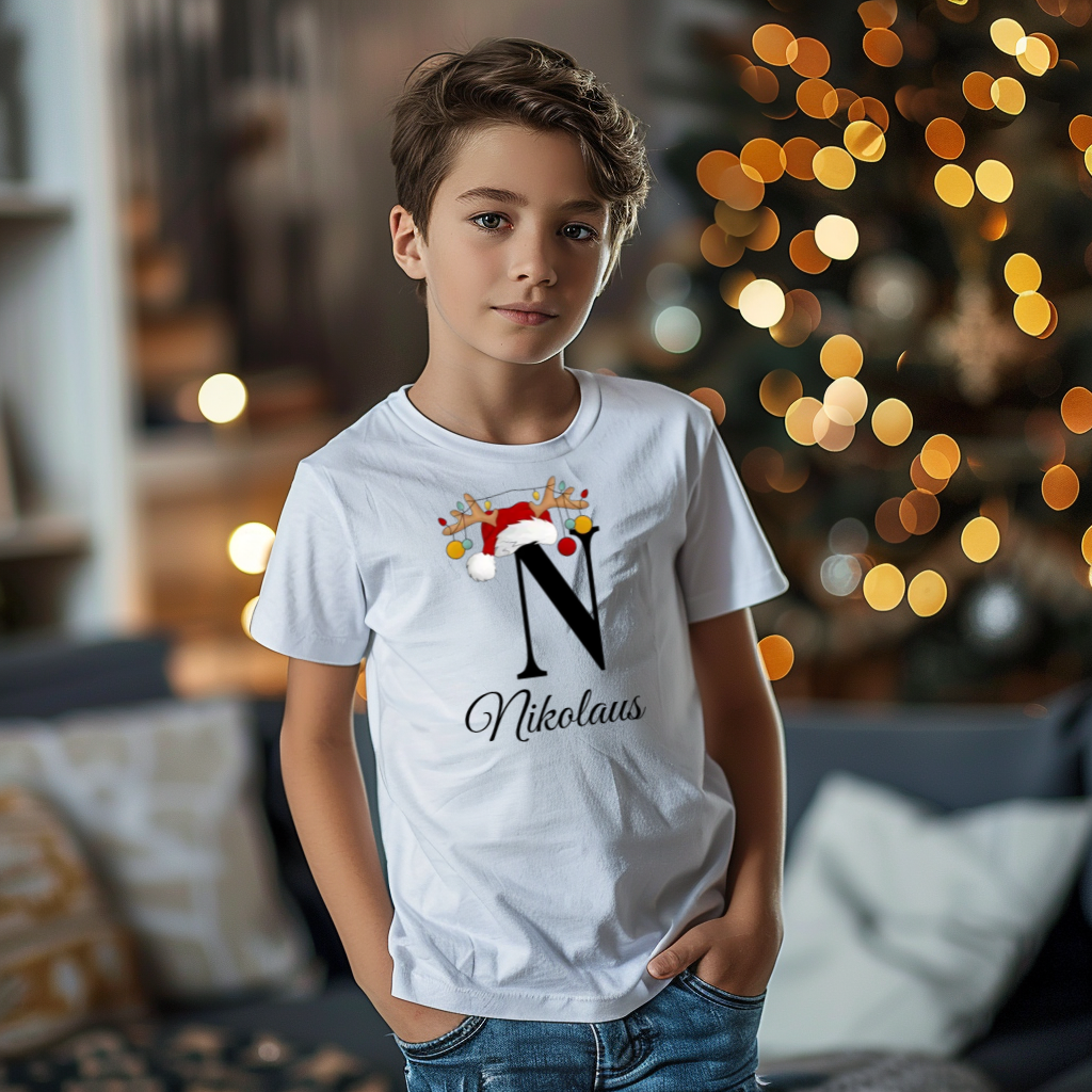 Ein Junge trägt ein weißes T-Shirt mit einem personalisierten Weihnachtsdesign. Der Buchstabe ‚N‘ ist groß auf der Brust zu sehen, verziert mit einem Weihnachtsmann-Hut und Rentiergeweihen, an denen bunte Kugeln hängen. Darunter steht der Name ‚Nikolaus‘ in eleganter, geschwungener Schrift. Im Hintergrund sorgt eine weihnachtliche Dekoration mit Lichtern für eine festliche Atmosphäre.