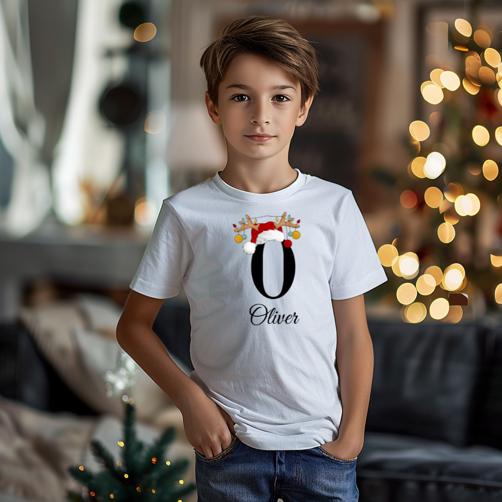 Ein Junge trägt ein weißes T-Shirt mit einem personalisierten Weihnachtsdesign. Der Buchstabe ‚O‘ ist groß auf der Brust zu sehen, verziert mit einem Weihnachtsmann-Hut und Rentiergeweihen, an denen bunte Kugeln hängen. Darunter steht der Name ‚Oliver‘ in eleganter, geschwungener Schrift. Im Hintergrund sorgt eine weihnachtliche Dekoration mit Lichtern für eine festliche Atmosphäre.