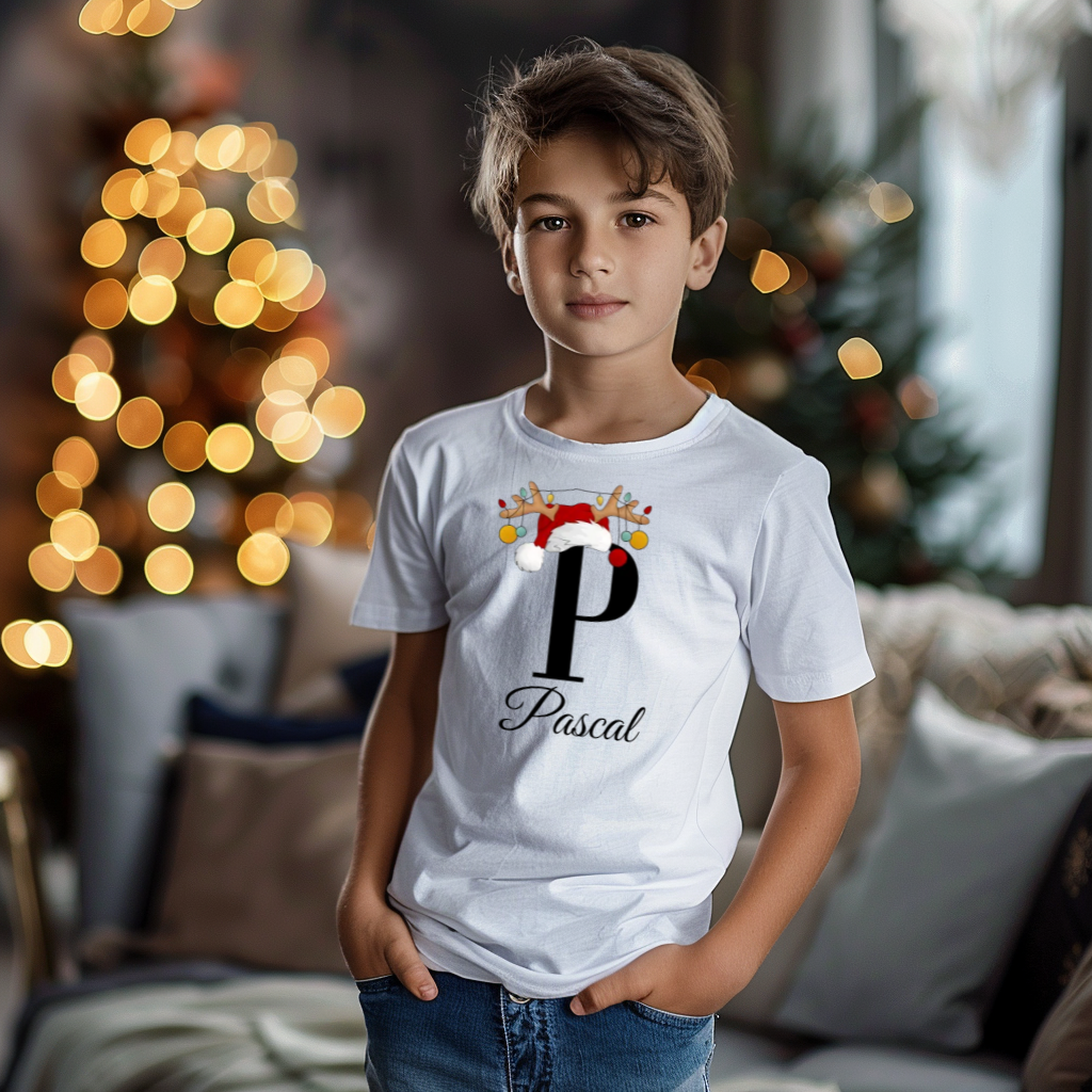 Ein Junge trägt ein weißes T-Shirt mit einem personalisierten Weihnachtsdesign. Der Buchstabe ‚P‘ ist groß auf der Brust zu sehen, verziert mit einem Weihnachtsmann-Hut und Rentiergeweihen, an denen bunte Kugeln hängen. Darunter steht der Name ‚Pascal‘ in eleganter, geschwungener Schrift. Im Hintergrund sorgt eine weihnachtliche Dekoration mit Lichtern für eine festliche Atmosphäre.